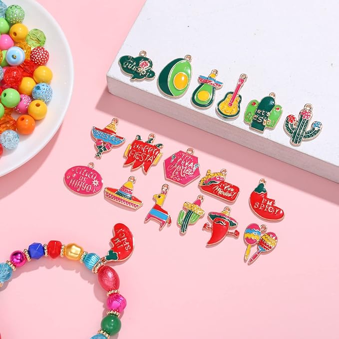 1500PCS+ Mexican Beads for Jewelry Making, Colorful Polymer Clay Beads Assorted Pearl Crystal Acrylic Spacer Beads, Cinco De Mayo Sombrero Chili Cactus Fiesta Charms for Bracelet Making DIY Crafts