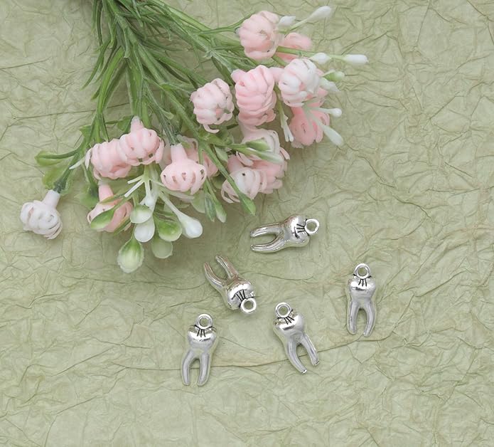 30 Pcs Teeth Charms 1.5 x 0.7 x 0.5 cm Metal Cute Small Tooth Pendants for Women DIY Jewelry Making Supplies Necklace Bracelets Findings Kit Bulk Decoration