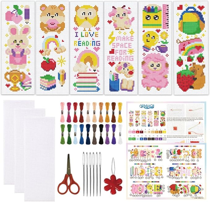 ORIGACH 6 Set Cartoon Animal & Reading Elements Cross Stitch Bookmark Kit for Beginner with Backing Felt Floss Instructions DIY Stamped Embroidery Bookmark Kit for Adults, Book Lovers