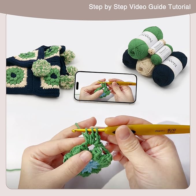 Noocro Complete Crochet Kit for Pom-Pom Granny Square Scarf Hood, DIY Yarn Kit, Detailed Instructions, Step by Step Video Tutorial, Beginner-Friendly, Intermediate Crocheter Craft Set (Navy Moss)