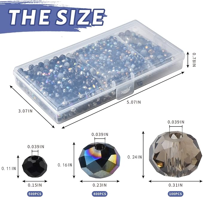1000pcs Faceted Rondelle Beads,4/6/8mm Crystal Glass Beads for Jewelry Making Assorted 3 Sizes Spacer Loose Beads with Storage Box(Black Color)