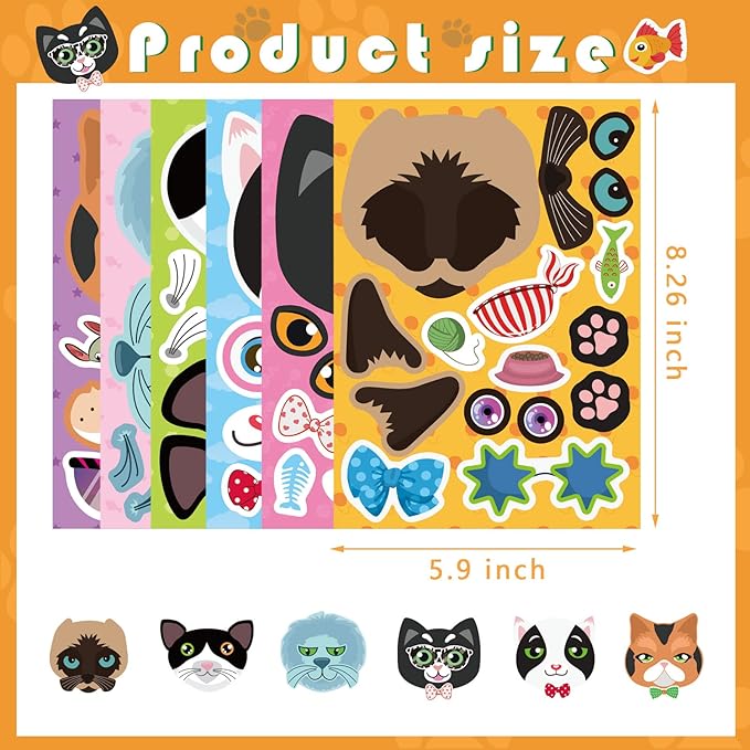 24 sheets cats make a face stickers make you own cats stickers animal sticker for kids, birthday gift party favors supplies teacher art craft, games school activity reward