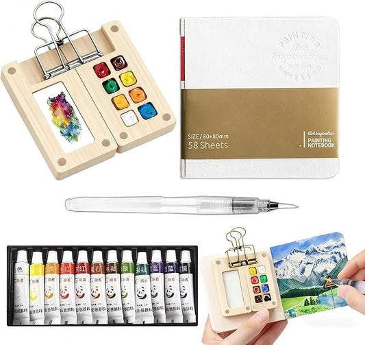Mini Travel Watercolor Set Pocket Artist Watercolor Travel Set Grid Palette Box Sketch Book Brush Pens With Binder Clips For Painters Artists Students (bamboo, 8 Grids)