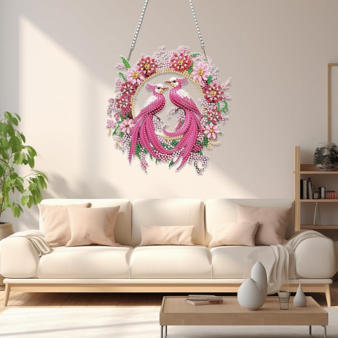 Miwixy Birds Hanging Diamond Art Kits for Adults,Pink Flowers Special Shaped Crystal Christmas Diamond Painting Ornament Kit DIY Double-Sided Pattern Window Pendant Gem Art Kit for Home Wall Decor