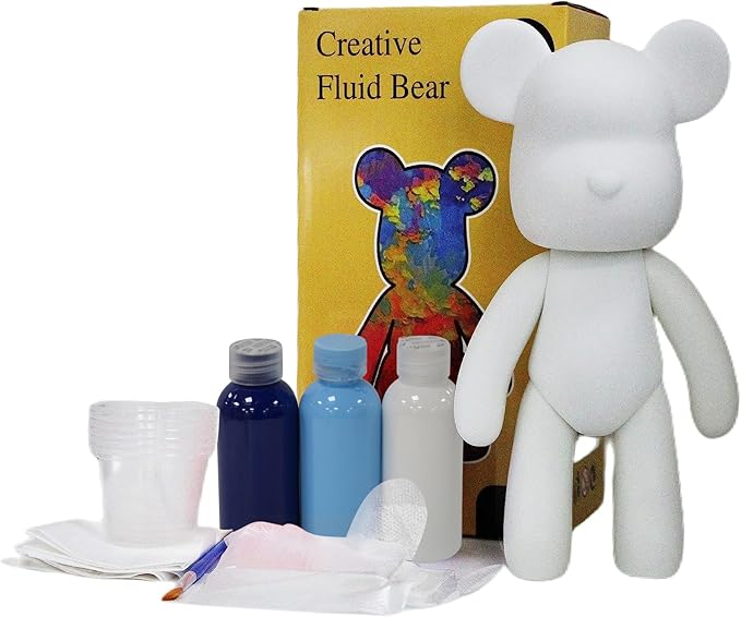 HANDA DIY Painting Fluid Bear Teddy Bear Painting Kit Set Creative Home Decorations Handmade Doll Figurine Toys Gift for Birthday Valentines (9.05 inch, Blue+White)