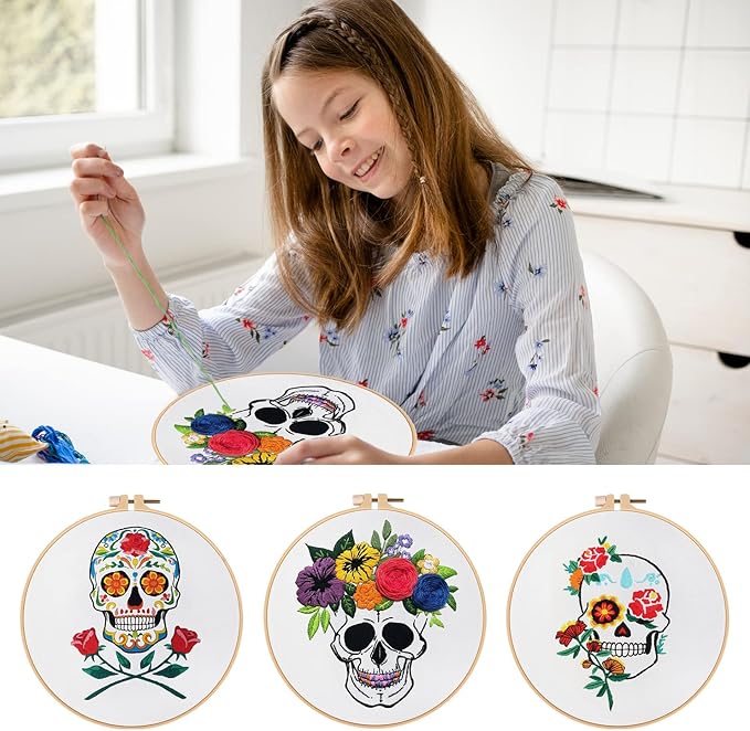 Nuberlic 3 Pack Halloween Skull Embroidery Kit for Adults Beginner Cross Stitch Kits for Starters with Skull Patterns Include 3 Hoop Cloth Thread Needles and Instructions