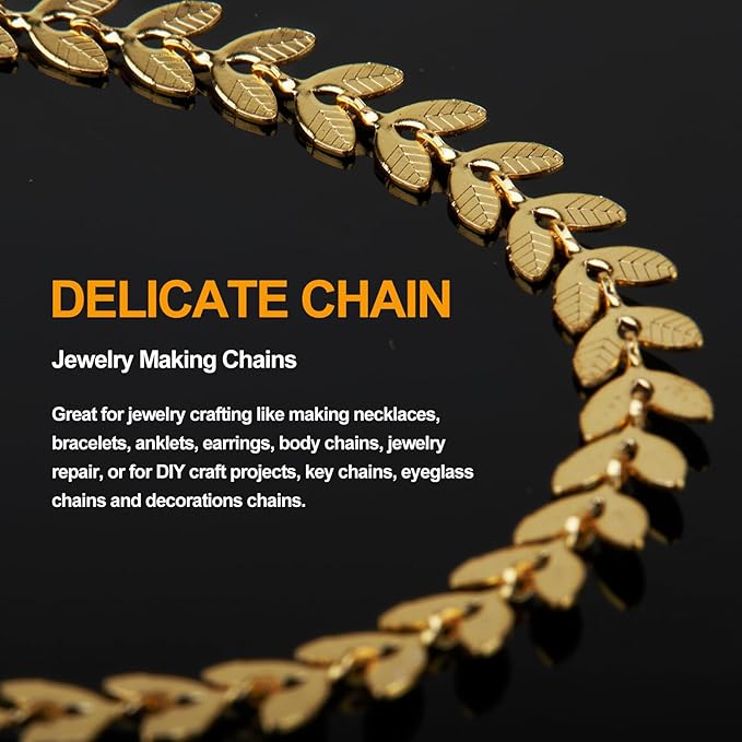 KYUNHOO 16.4/5M Gold Plated Chains for Jewelry Making Embossed Leaf Chain Roll Light Gold Jewelry Making Chains with Lobster Clasps and Jump Rings for Crafting