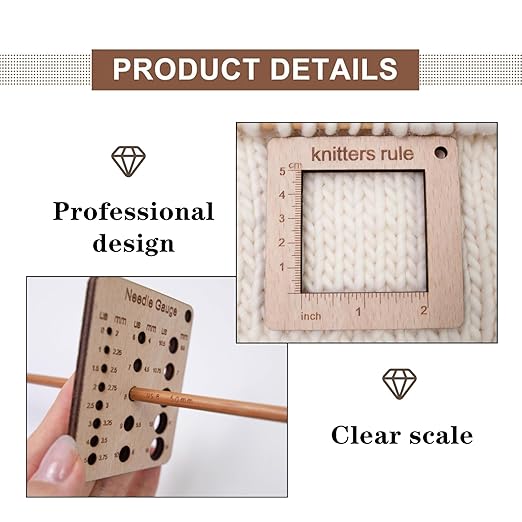 Wood Knitting Gauge Set – WPI Yarn Measure + 8 * 8cm Density Ruler + 3pcs Lamb Stitch Markers + Chain for Sweater Scarf Hat Sewing Knitting Crafts