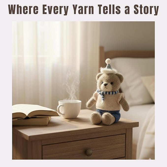 Yarnique Wool Bear Knitting Kit – Real Wool Amigurumi Kit for Adults with Video Tutorials | DIY Bear Crochet & Knitting Kit with Tools | Holiday Gift Craft Set (White Sweater)