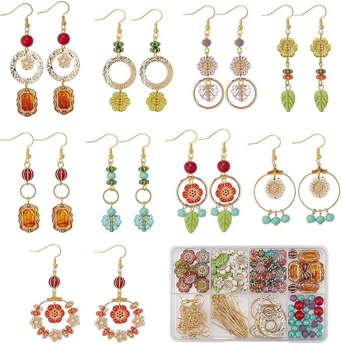 SUNNYCLUE 10 Pairs Bohemian Earring DIY Vintage Earring Charms Acrylic National Style Flowers Leafs Drop Beaded Dangle Fashion Earring for Women Adult Beginners Starters Supplies Craft