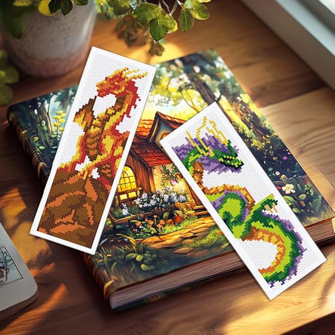 INFUNLY 6 Set DIY Cross Stitch Bookmark Kit Loong Cross Stitch Kits 8"x2.4" Pre-Printed Dragon Stamped Embroidery Bookmark Kit with Instructions for Beginners Book Lovers Adults Gift