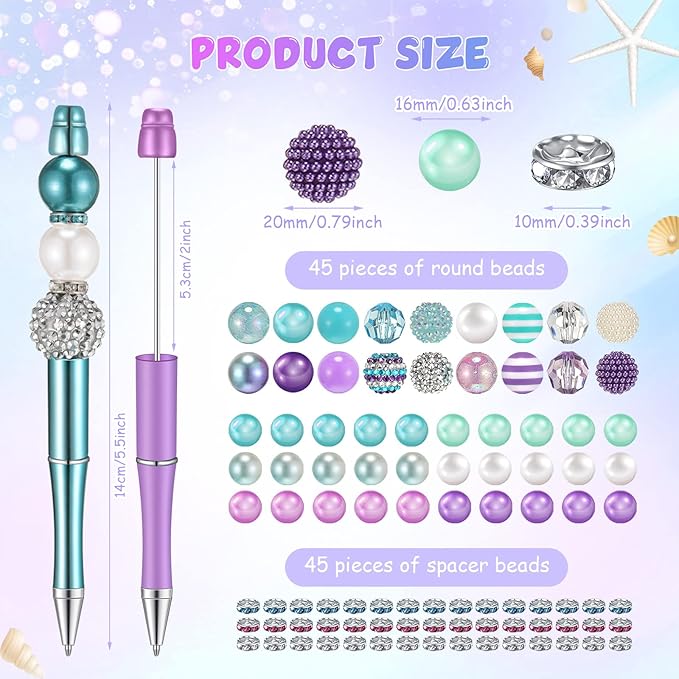 Geyee 15 Pcs Plastic Beadable Pens Assorted Bead Pens Multicolor Bubblegum Crystal Spacer Beads, Black Ink Ballpoint DIY Set, Back to School Gift for Student Summer Ocean Party Gifts(Ocean Color)