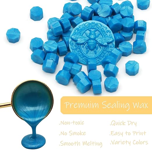 250pcs Wax Seal Beads Sky Blue, Andotopee Premium Sealing Wax Beads for Stamp Seals, Octagon Metallic Seal Stamp Pellets Refill Pack for Wedding Invitation, Letter Envelope, Scrapbook DIY Crafts