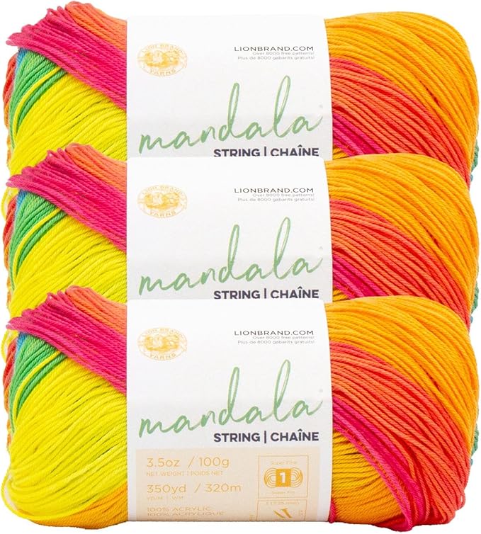 Lion Brand Yarn Mandala String, Fingering Yarn for Knitting and Crochet, Pop, 3 Pack