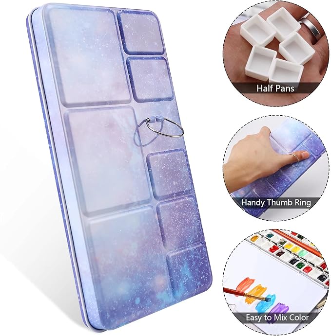 LOONENG Empty Watercolor Palette, Empty Watercolor Tin with Fold Out Palette, Large Purple Watercolor Tray Palette with 52 Empty Half Pans for Plein Air Painting and Sketching