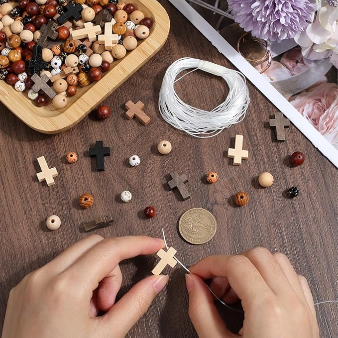 SUNNYCLUE 1 Box 280Pcs Wood Cross Charms Wooden Cross Beads Easter Rosaries Crucifix Bead Small Crosses Mini Cross Charm Round Spacer Loose Beads for Jewelry Making Kits DIY Earrings Bracelet Necklace