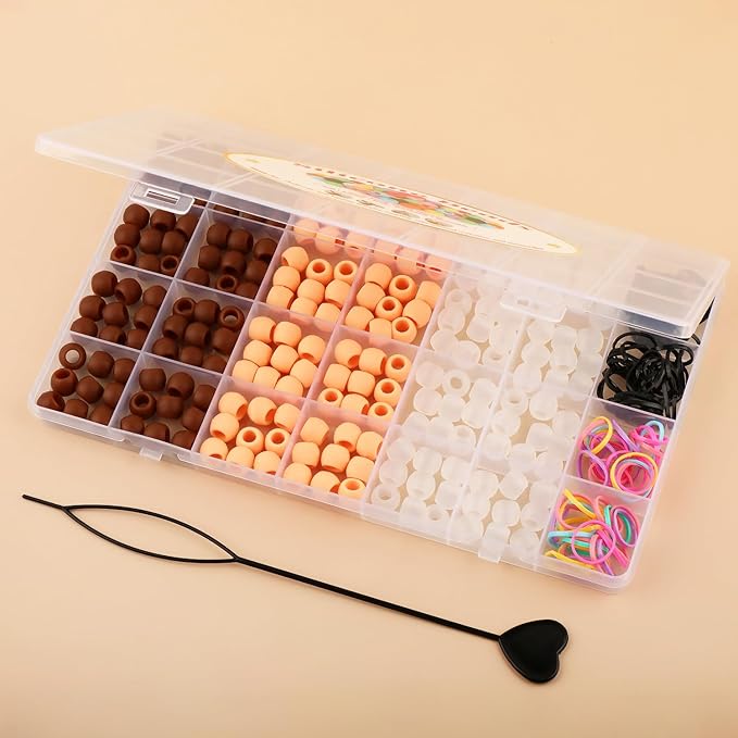 AD Beads 216PCS 6x9mm DIY Soft Pony Silicone Beads for Hair, Coffee Series with 80 Elastic Bands, Tool and Storage Box Kit for Braids, Bracelet, Crafts.