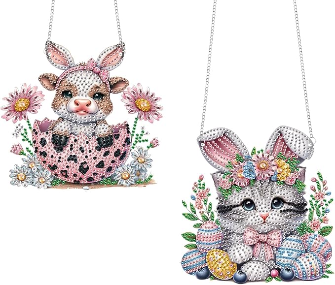 TDFERAN 2 Set Hanging Diamond Art Painting Kit Easter Ornament Cat Cow Painting Pendant Animal Diamond Gem Kits Ornament Kit for Adults DIY Acrylic Crystal Board Painting
