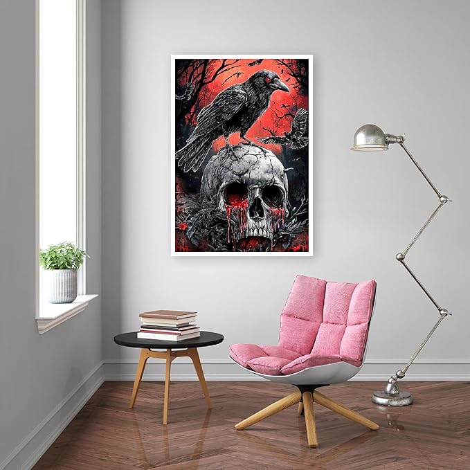 Mrnsiet Helloween Crow Diamond Painting Kits for Adults, 5D Skull with Blood Horror Diamond Art Kits for Beginners, DIY Full Drill Diamond Kits Gem Arts Crafts for Home Wall Decor 12 x 16 Inch