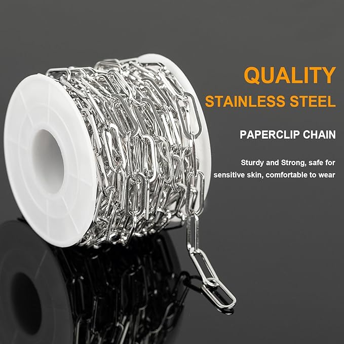 KYUNHOO Silver Jewelry Making Chain Roll Stainless Steel Paperclip Chains Bulk 5 Meters Long Craft Chain with Lobster Clasps Jump Rings for Men Women DIY Jewelry Supplies