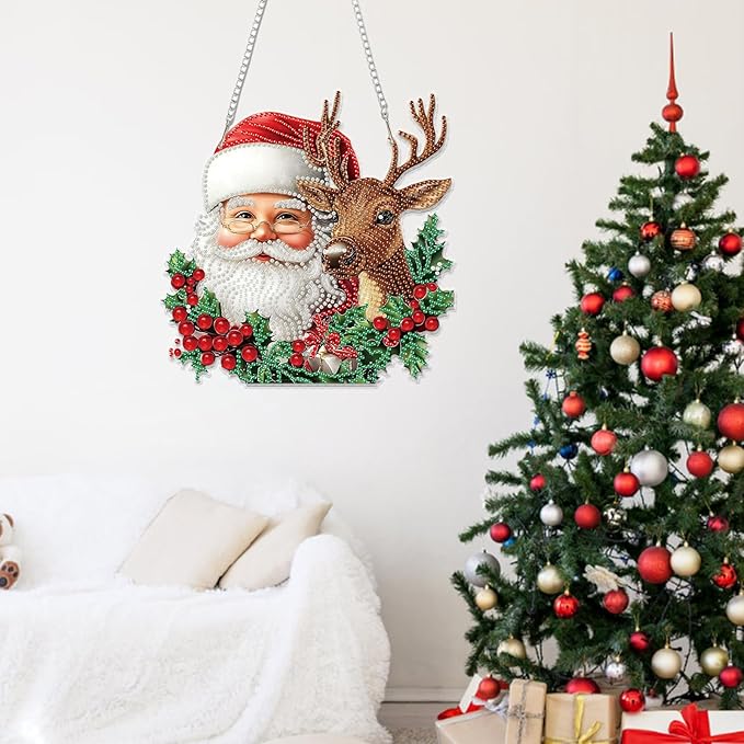 Miwixy Christmas Hanging Diamond Art Kits for Adults, Santa Claus Xmas Deer Special Shaped Diamond Painting Ornament Kit DIY Double-Sided Pattern Window Pendant Gem Art Kit Home Wall Decor