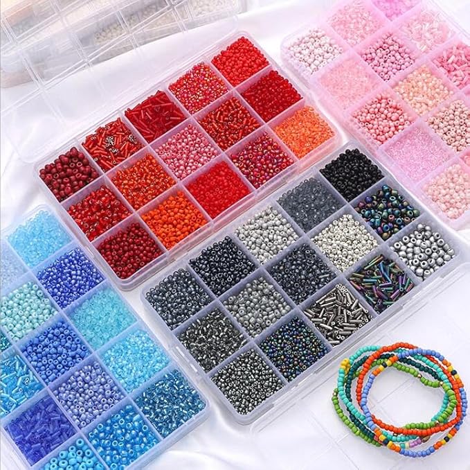 Mix 15 Color Glass Seed Tube Beads Glass Bugle Beads Loose Kit for Jewelry Making DIY Craft Beading (Mix 15 Color, White)
