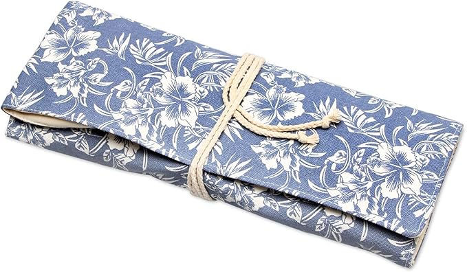 Teamoy Knitting Needles Holder Case(up to 14 Inches), Rolling Organizer for Straight and Circular Knitting Needles, Crochet Hooks and Accessories, Blue Flowers - NO Accessories Included