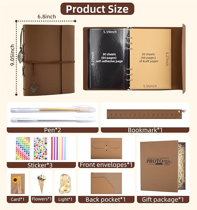 Scrapbook Photo Album 100 Pages, 60 Page Self Adhesive+40 Page Kraft Paper DIY Photo Book for 2x3 3x5 4x6 5x7 Pictures, Leather Memory Book for Wedding Baby Family Travel Birthday Christmas