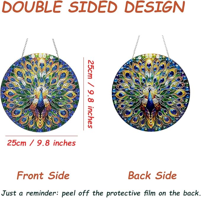 JBTM24 9.8x9.8 inch Hanging Diamond Art Pendant Kits, Double Sided Diamond Painting Hanging Sign with Chain, Special Shaped Crystal Art Ornament (Peacock)