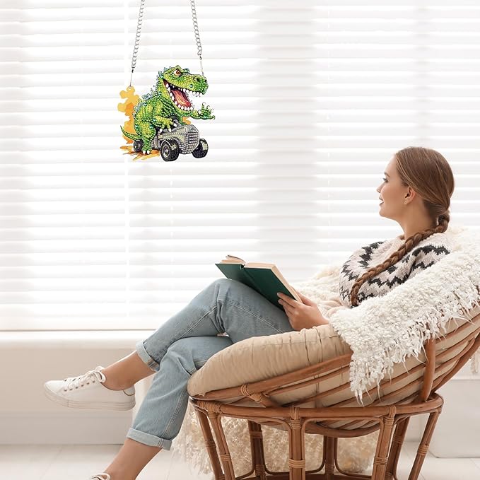 AiYuanzsh Diamond Painting Hanging Pendant Kit - Dinosaur Driving Car 5D Diamond Painting Kits for Adults - Crystal Rhinestones Diamond Art Pendant for Door Wall Window Home Xmas Halloween Decor