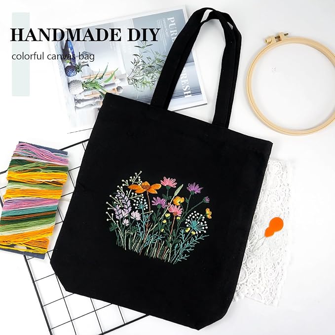 Canvas Tote Bag Embroidery Kit with Pattern, Beginner Embroidery Kits for Adults, Arts and DIY Crafts Embroidery Starter kit, Include Stamped Embroidery Bag, Embroidery Hoops, Color Threads and Tool.