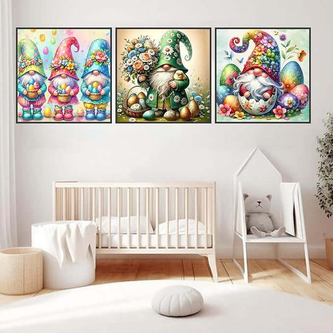 igoodom 3 Pack Easter Diamond Art Kits for Adults, Gnome Diamond Painting Kit, Full Drill Round Diamond Art Kits, DIY Gem Art and Crafts for Home Wall Decor Gift 14x14inch