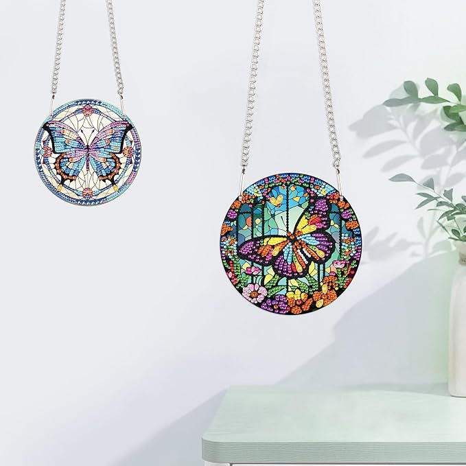 JISHSHAY 2 Pcs Diamond Painting Pendant Kits - Butterfly & Special Shape Diamond Art - Suncatchers & Hanging Art - Window Clings & Decor