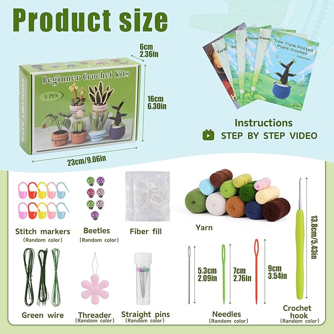 Hssugi Crochet Kit for Beginners, 6PCS Succulents Plants Crochet Kits, Knitting Kit with Step-by-Step Video Tutorials, Crochet Yarn DIY Beginner Crochet Kit for Adults Succulent Family
