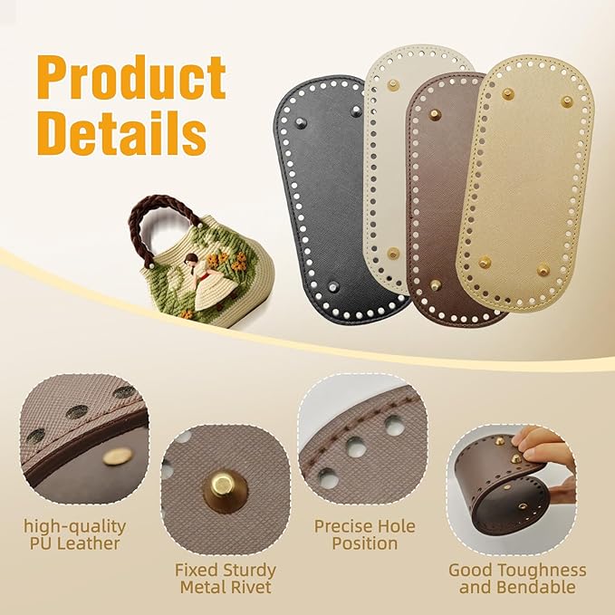 4+8 PCS Bag Bases for Crochet with D Shape Purse Handles for Bag Making, 2 PCS Crochet Hooks, 4 Colors Leather Purse Bottoms for Crocheting DIY