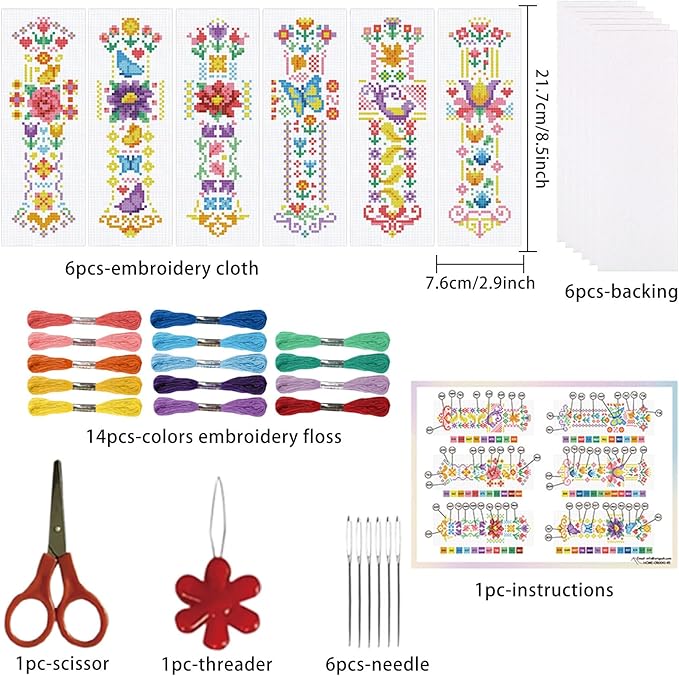 ORIGACH 6 Pcs Cross Stitch Bookmark Kit for Beginner Adults, Spring Flowers Stamped Embroidery Bookmark Kit with Instruction for Starters for Book Lovers