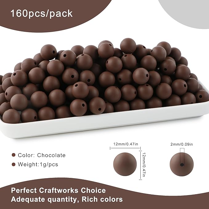160Pcs 12mm Silicone Beads for Keychain Making Bracelet Necklace, Bulk Round Silicone Beads for Pens（Chocolate）
