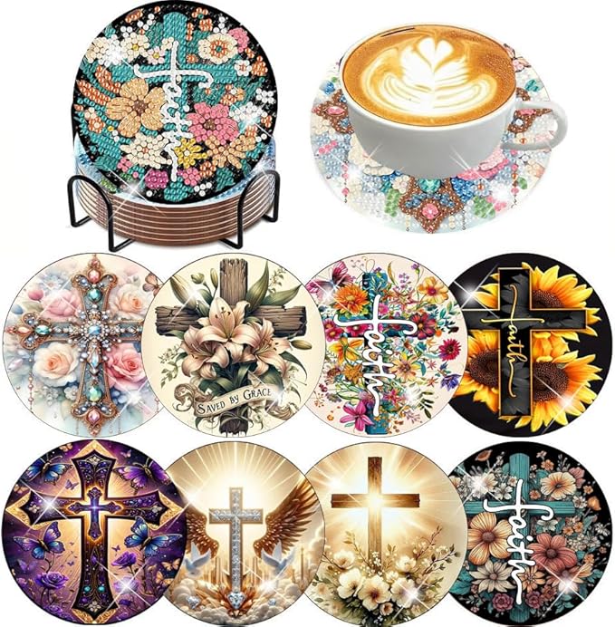 igoodom 8 Pcs Cross Diamond Art Coasters Kit with Holder, DIY Cross Diamond Painting Coasters for Beginners Adults, Non Slip Diamond Art Kits Craft Supplies 4x4inch