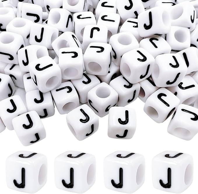 MIIIM 100pcs Pony Beads Letter J for Keychains Making, 6x6mm Large Hole Square Letter Beads for Bracelets Making, Alphabets, Numbers (White and Black)