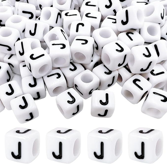 MIIIM 100pcs Pony Beads Letter J for Keychains Making, 6x6mm Large Hole Square Letter Beads for Bracelets Making, Alphabets, Numbers (White and Black)