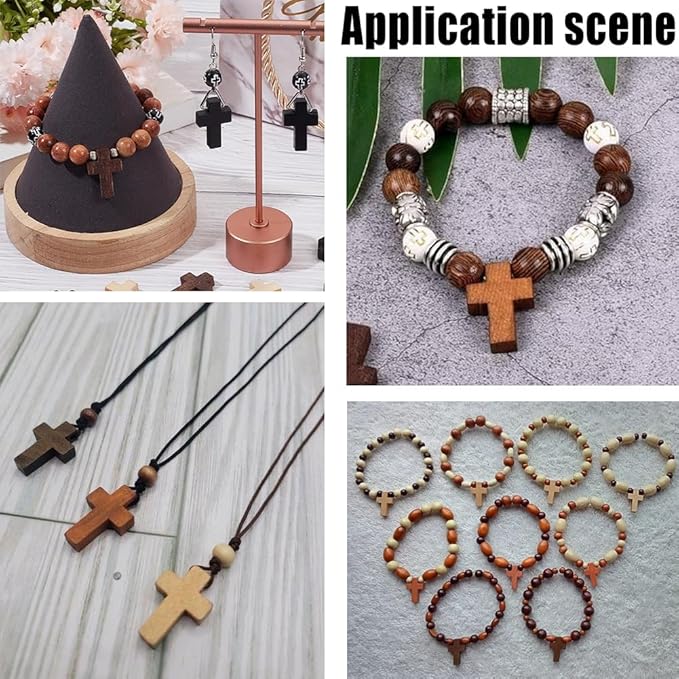 SUNNYCLUE 280Pcs Keychain Making Kit Wood Cross Charms Round Cross Bead Wood Cross Beads Mini Crucifix Charm Wooden Cross Charms Split Key Rings for Keychains Bracelets Beading Craft DIY Supplies