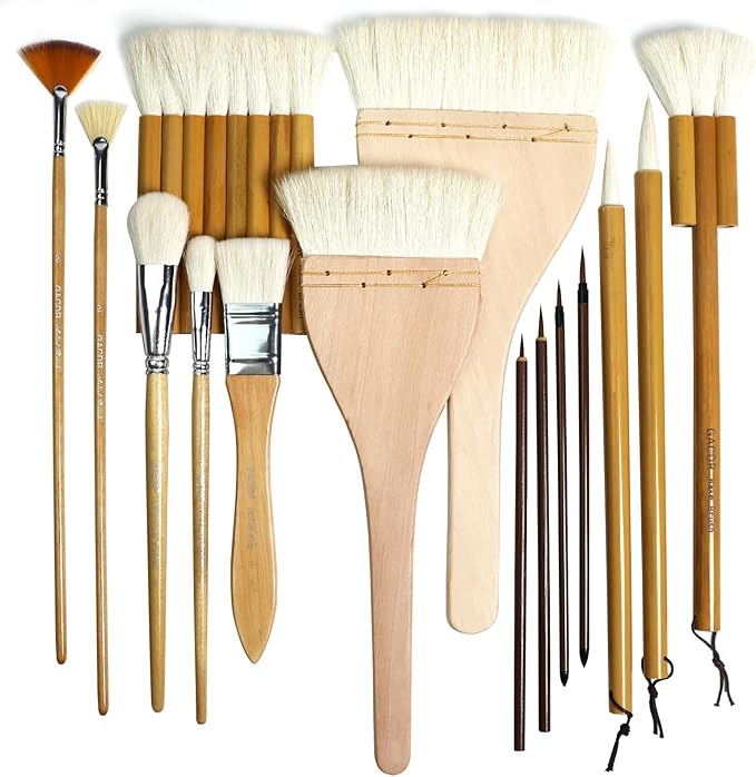 Pottery Brushes for Glazing, 15 Pcs Ceramic Brush Set With Storage Box, Wool Bamboon Hake for Pottery, Acrylic, Watercolor
