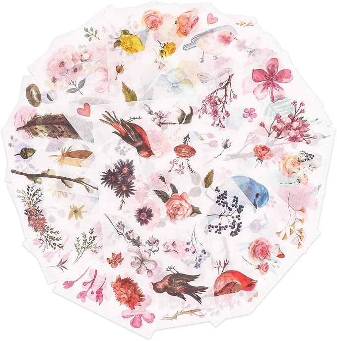 Knaid Watercolor Birds and Flowers Stickers Set - Decorative Sticker for Scrapbooking, Kid DIY Arts Crafts, Album, Bullet Journaling, Junk Journal, Planners, Calendars and Notebook