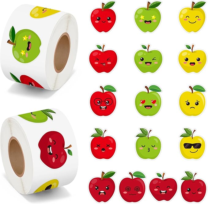 beyumi apple reward roll stickers - 1000pcs back to school apple stickers in 2 rolls first day of school adhesive decals with assorted expressions classroom office bottle notebook decor for kids