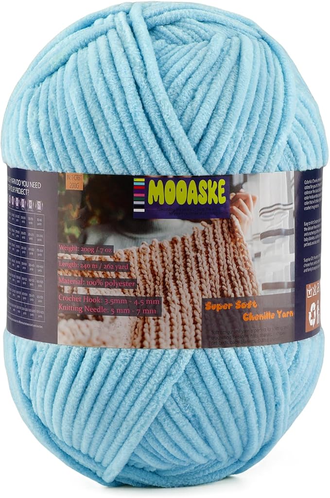 Chunky Velvet Yarn for Crocheting & Knitting, 7.05oz 262.4yd Super Soft Chenille Plush Yarn, Bulk Thick Yarns for Baby Blankets, Amigurumi, Scarves | 20 Colors (1, Sky Blue)