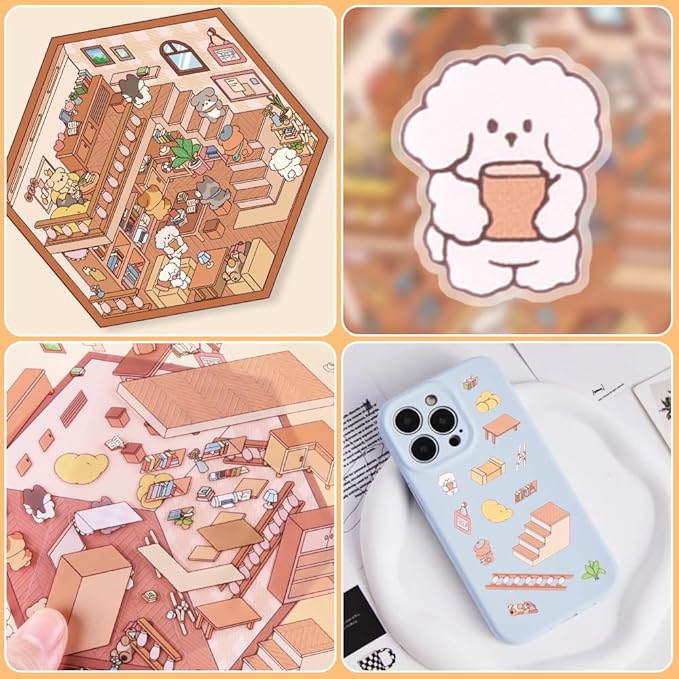 Scrapbooking Supplies Kit,DIY 3D Stickers Scene,3 Set Funny DIY Sticker Scenes,Make Your Own Cute 3D Miniature Room Scene Stickers for Adults Relief Stress Pass The Time.18-19-20