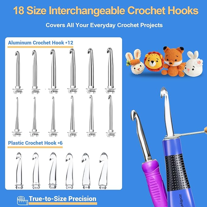 18 Size Light Up Crochet Hook Set with Digital Counter, Ergonomic Crochet Hooks for Arthritic Hands, 2.0–14.0mm Interchangeable Crochet Hooks with Case, Rechargeable and Beginner-Friendly