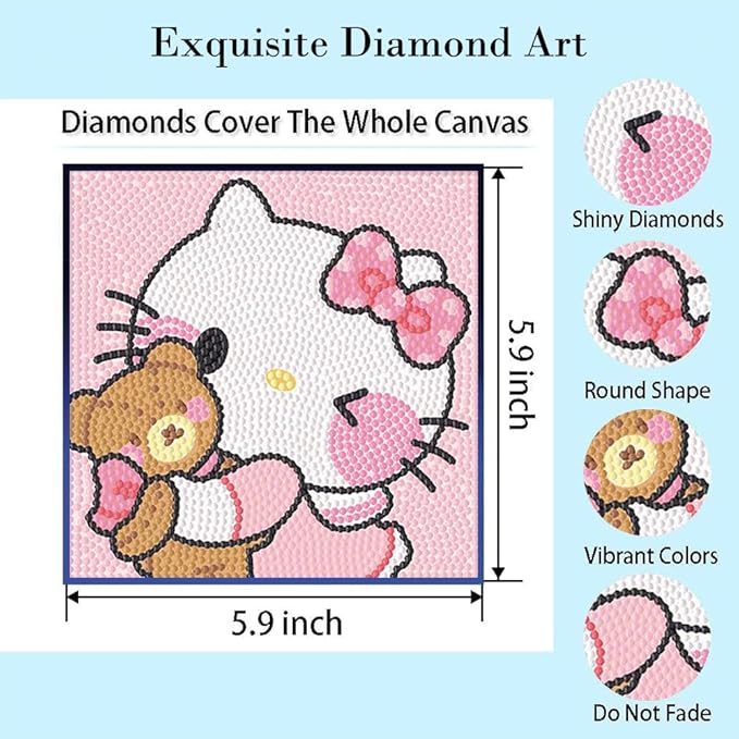 PERFECTSIGHT Cute 5D Diamond Art Kits with Wooden Frame, Kawaii DIY Painting Art for Adults, Diamond Arts and Crafts Sets, Big Gem Full Drill Diamond Dots for Women Beginners (Pink Kitty)