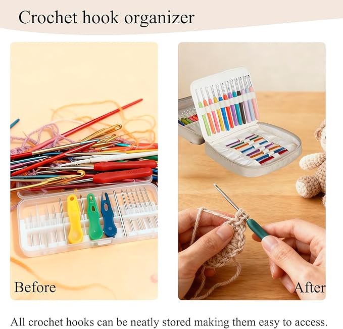 Crochet Hook Case, Lightweight Crochet Hook Organizer with Clear Zipper Pockets, Crochet Hook Holder for Knitting Needle Storage, Gift for Women and Crochet Enthusiasts (Light Brown)