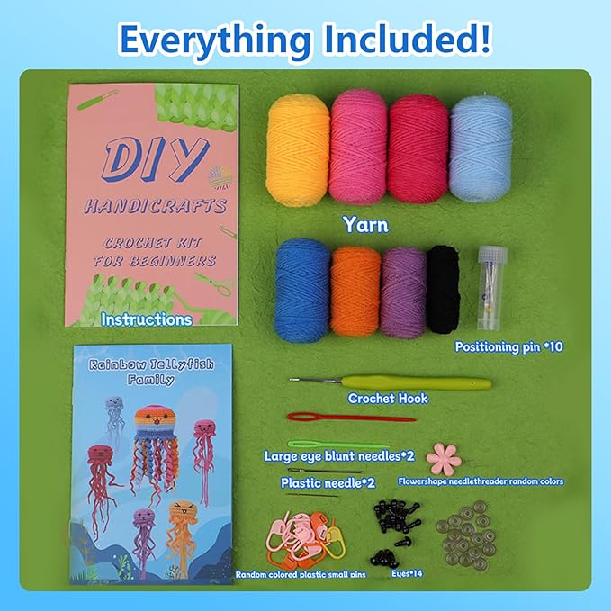 Blossvane Beginners Crochet Kit for Adults - 6 Pack Magical Jellyfish, Complete Starter Amigurumi Kit with Easy Step-by-Step Video Tutorials, Learn to Crochet Kit for All Ages